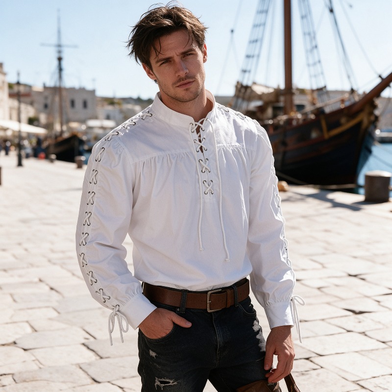 Medieval Gothic Lace Up Pirate Shirt - Heren middeleeuws piraten overhemd met veters,