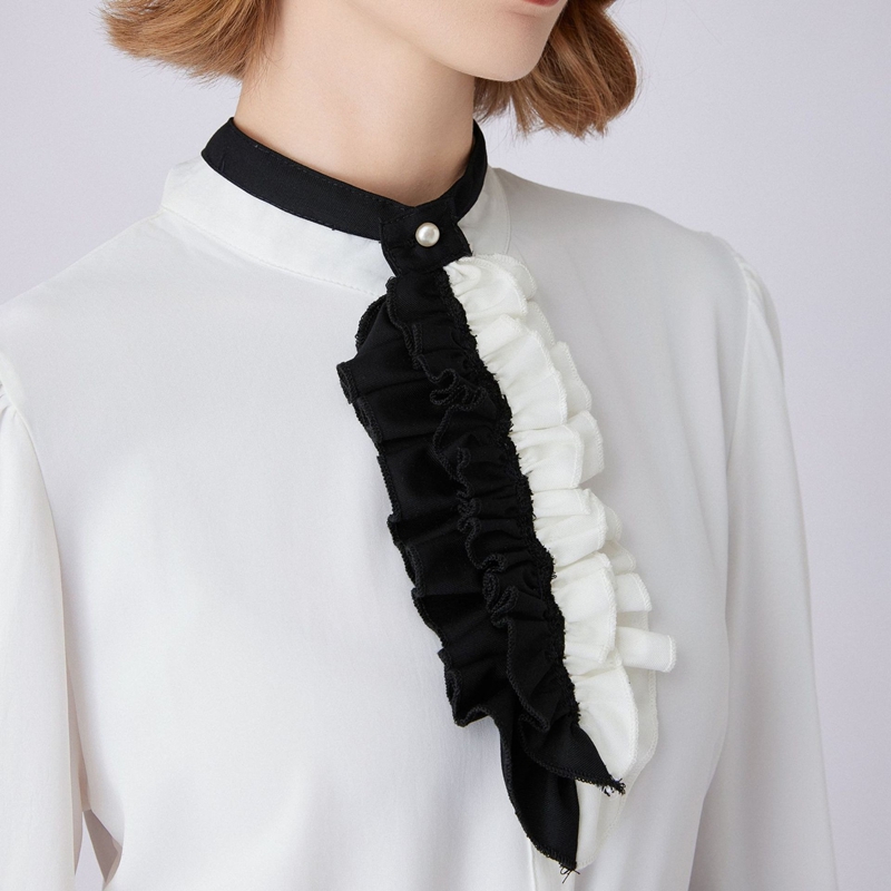 Shirts - Zwart-witte kraag met ruches, decoratieve halsband,